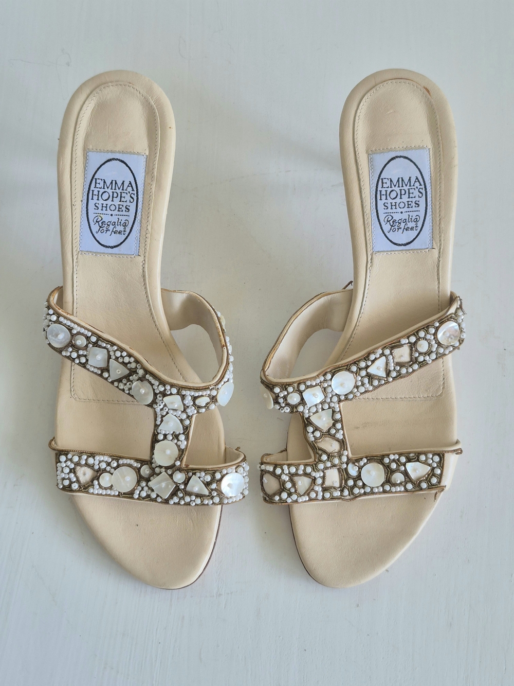 Emma Hope Cream Jeweled Slide Heels